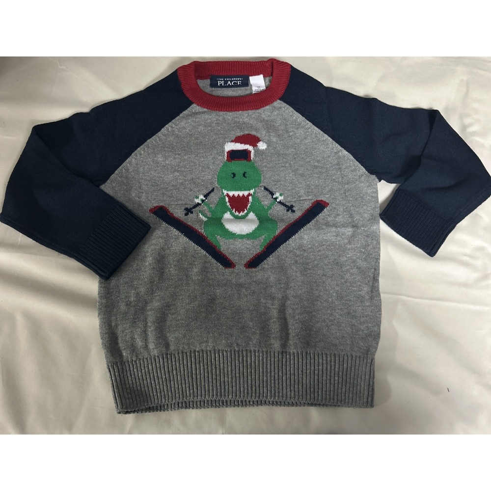 Boy's Children's Place Size 2T Dinosaur With Christmas Hat Sweater Gray/ Blue